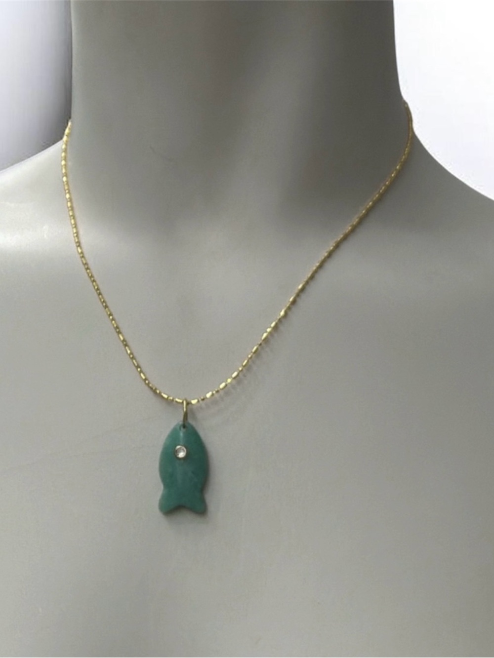 Gold Chain Necklace with Green Fish Jade Pendant - Women Jewelry